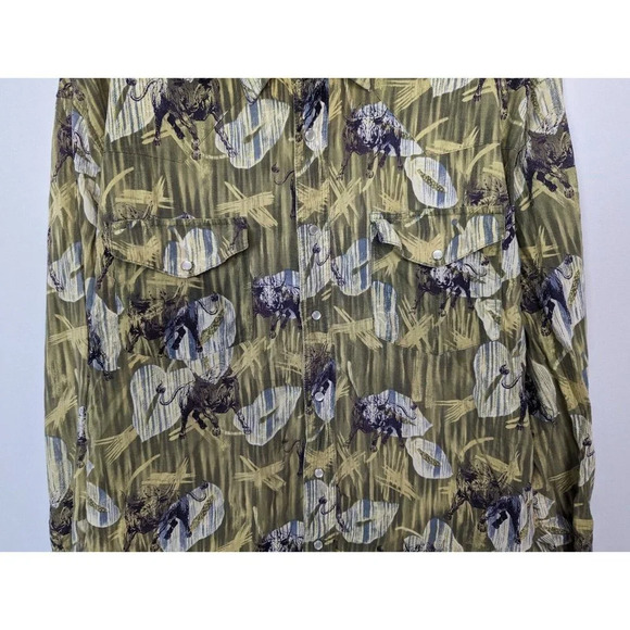 Wrangler Men's L Western Shirt Top Pearl Snap Bull Longhorn Green Rodeo Cowboy - Picture 6 of 8